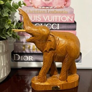 Vintage Thailand Solid Teak Wood Hand Carved Elephant Statue 6.5” Trunk Up
